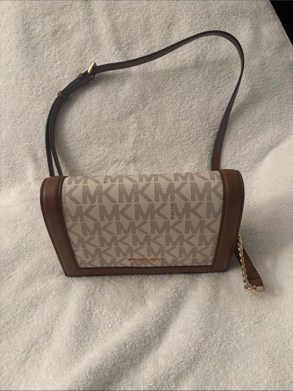 Michael Kors Beige & Brown Logo Crossbody with Gold-Tone Accent, Mini Bag